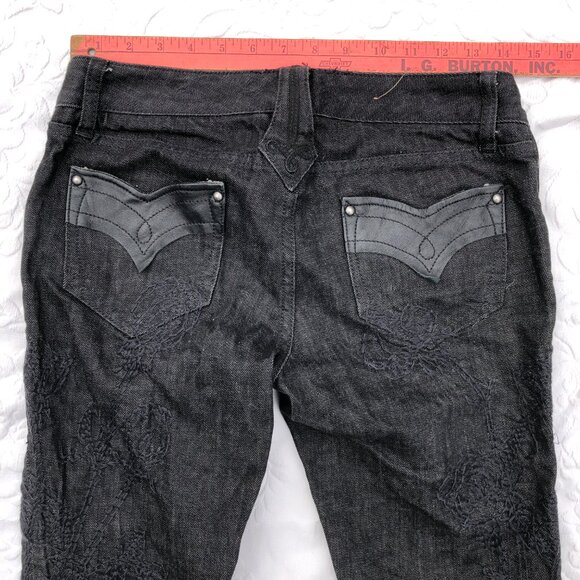 Denim Lab Black Leather Embroidery Skinny Ultra Low Rise Jeans - Picture 7 of 12